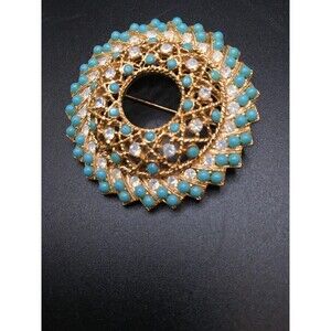 Vintage Sarah Coventry Gold Tone Aqua ,Clear Stones 1.75 Inch Circle
